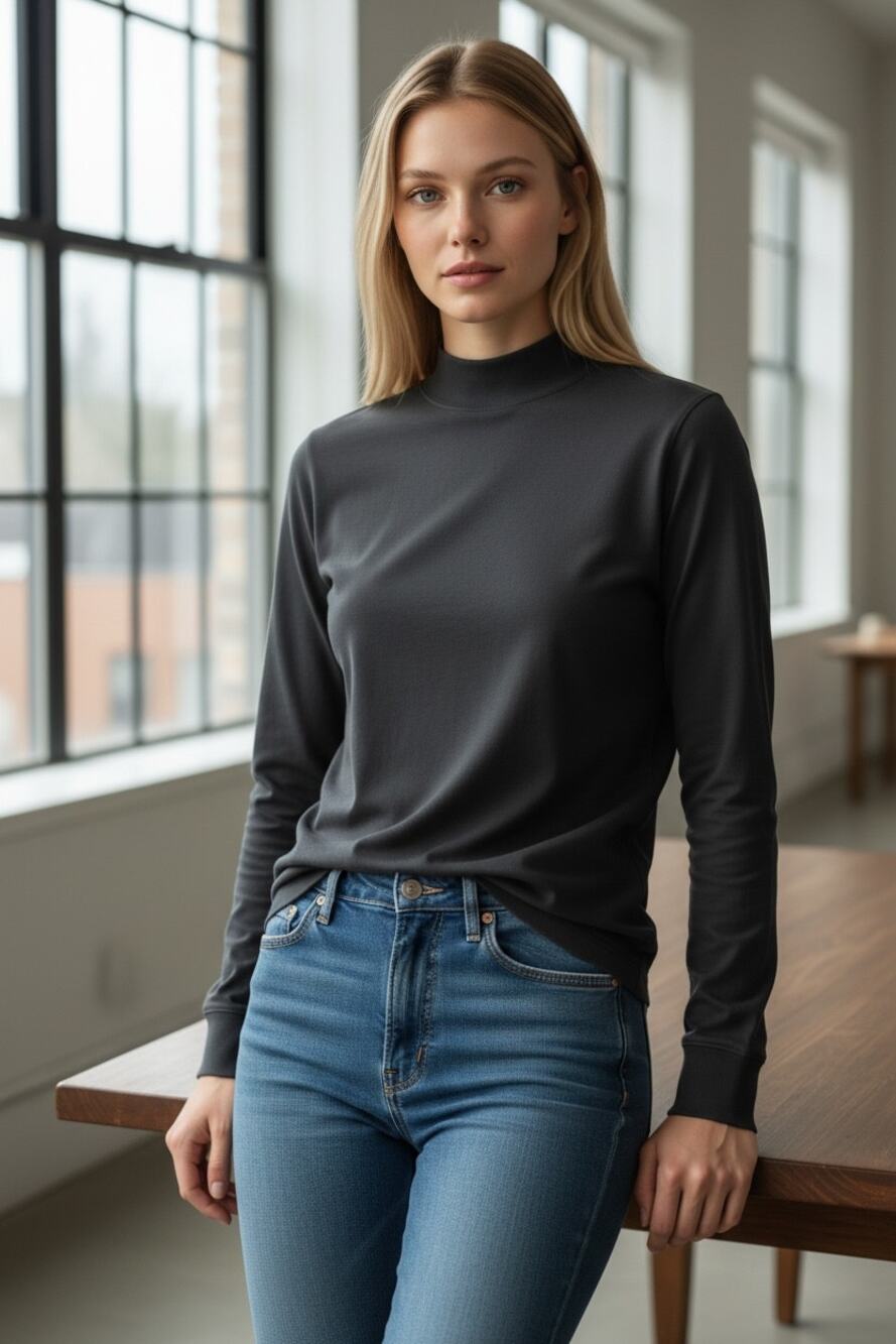 LANDS END Mock Neck Turtleneck Top Size M Navy Blue Long Sleeve